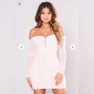 Maura Mesh Ruched Lace-Up Long Sleeve Bodycon Dress in White